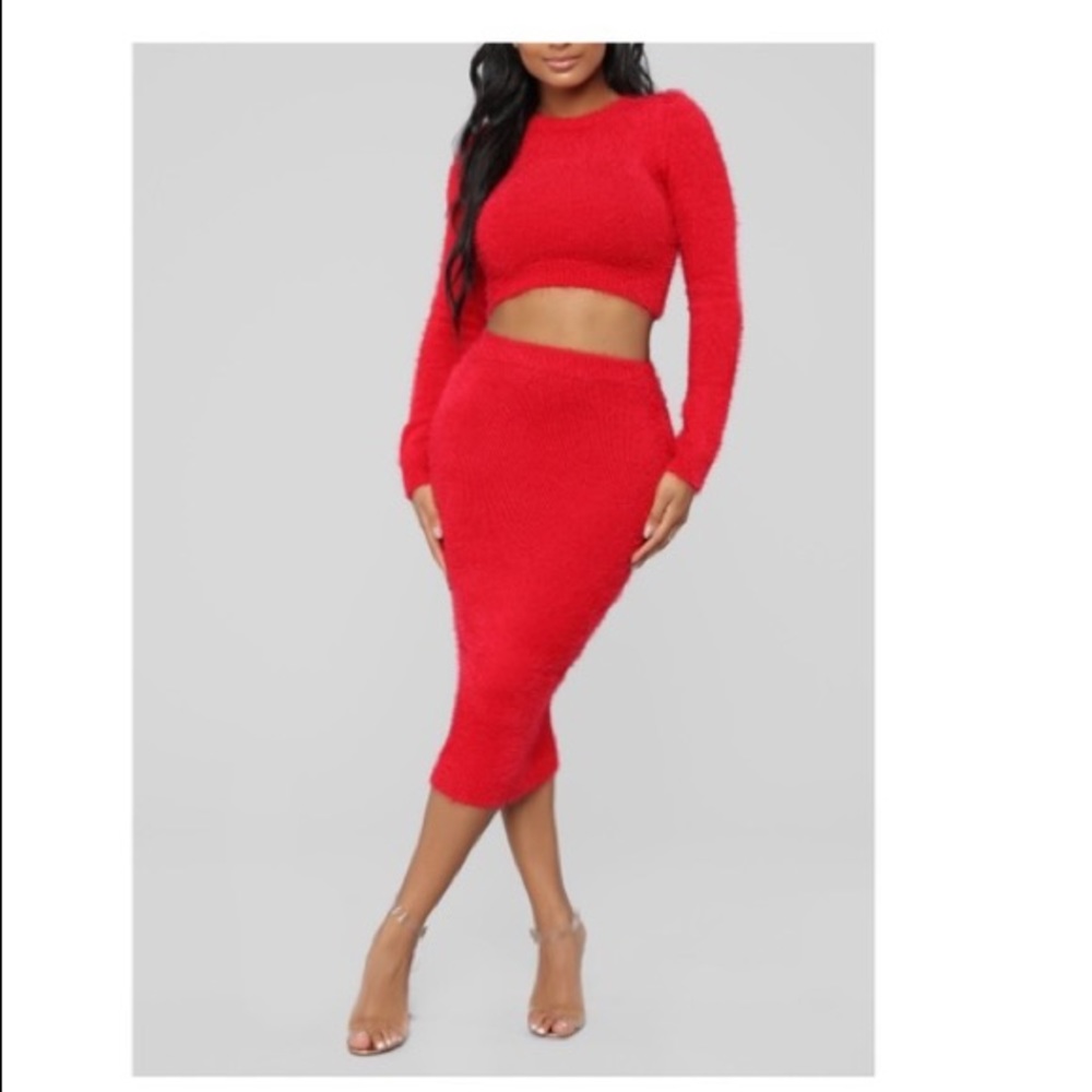 Red fuzzy two piece set from fashion nova.